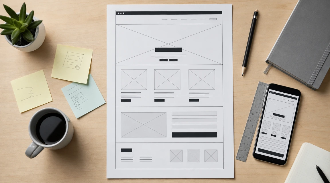 Estructura de un wireframe de página web con secciones y llamados a la acción