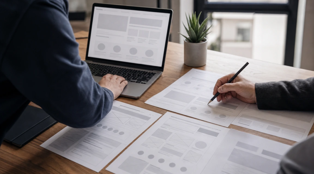 Wireframe de diseño web usado como plano estratégico para una página que convierte