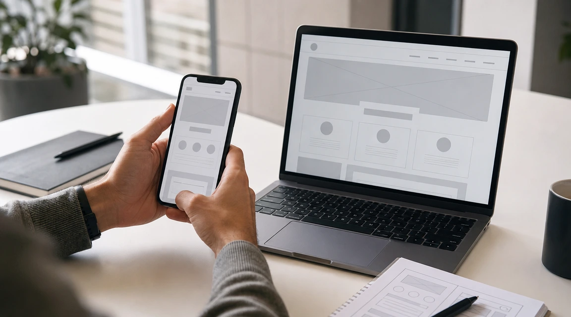 Wireframe mobile de una página web con formulario y llamado a la acción
