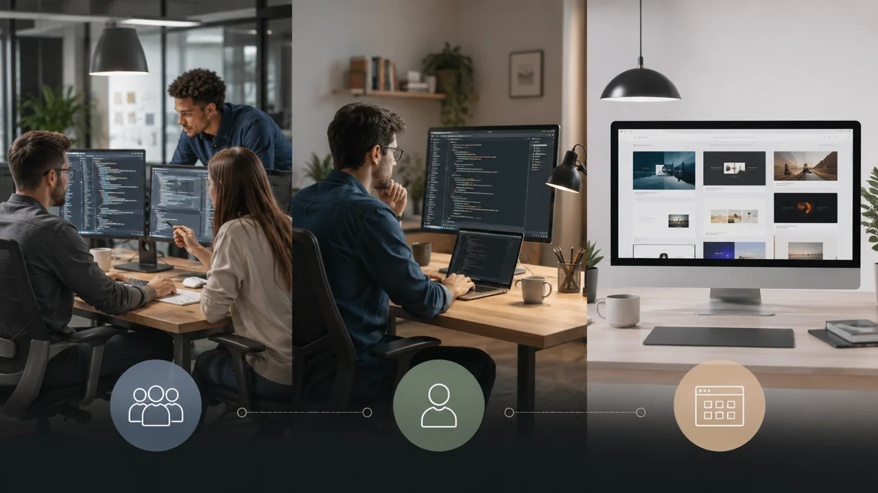 Comparacion visual entre empresa desarrolladora, freelancer y plataforma para crear paginas web