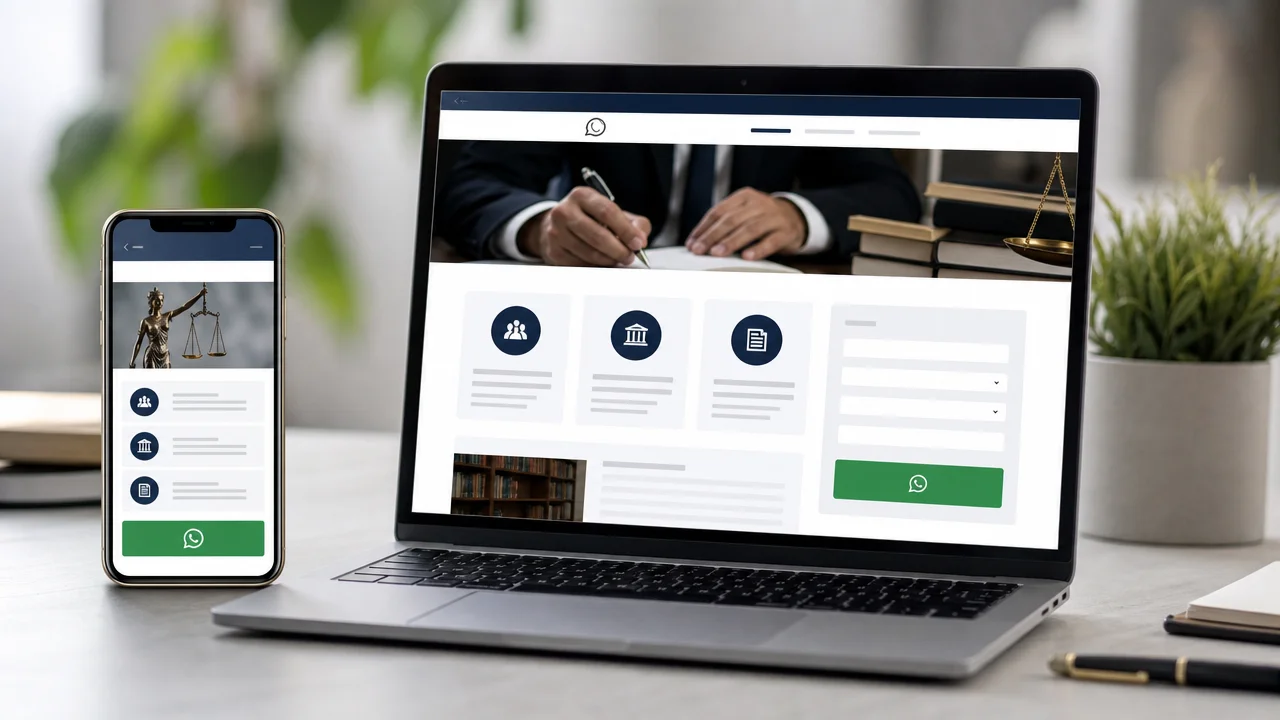 Pagina web para abogados con contacto por WhatsApp y formulario visible en celular y notebook.