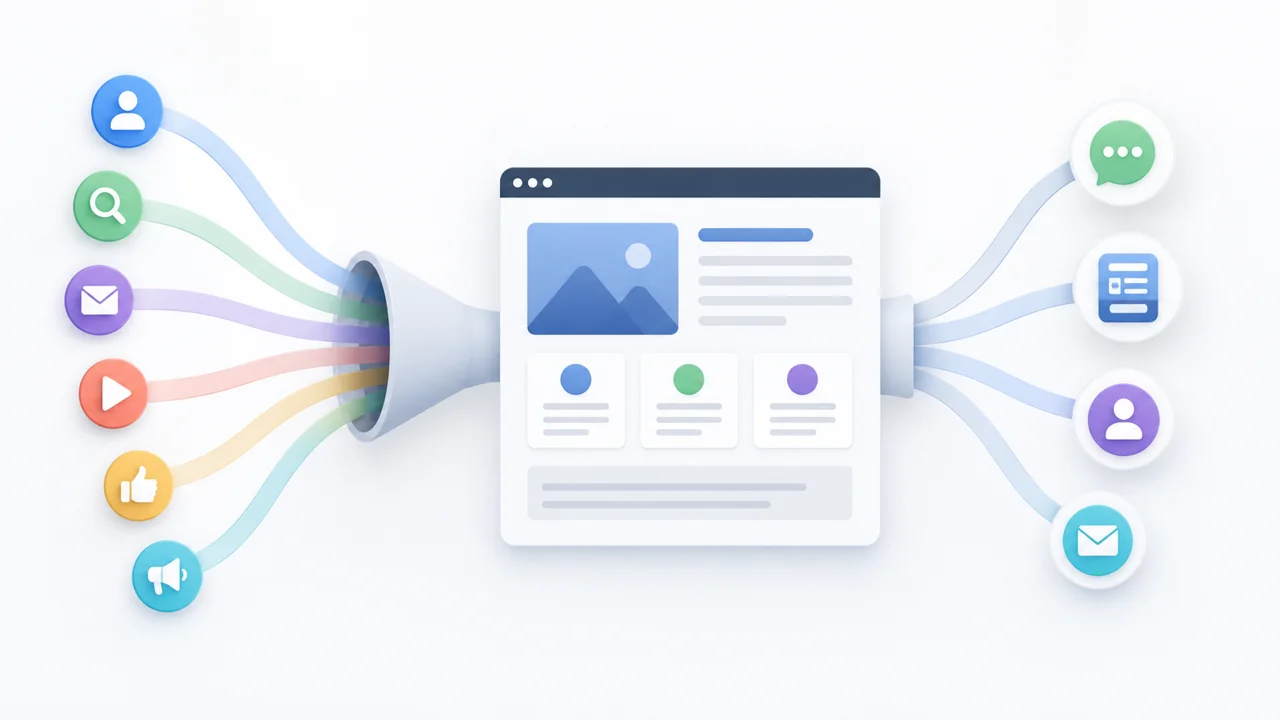 Embudo visual donde una web transforma visitas en consultas comerciales.