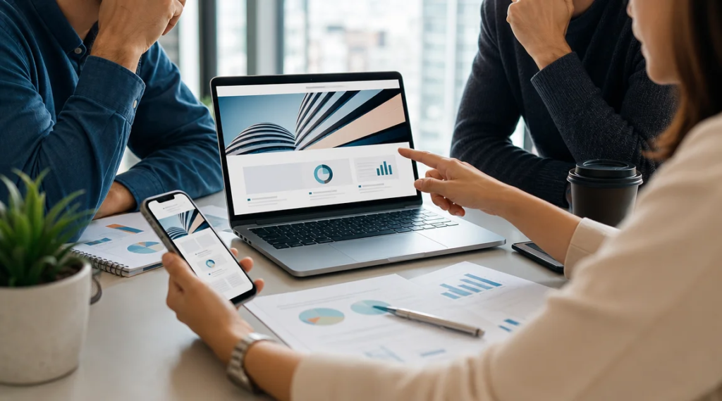 Equipo revisando una web profesional como herramienta comercial para una empresa.