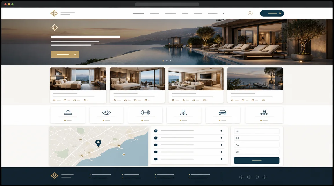 Estructura de una web para hoteles con habitaciones, servicios, ubicacion y contacto organizados.