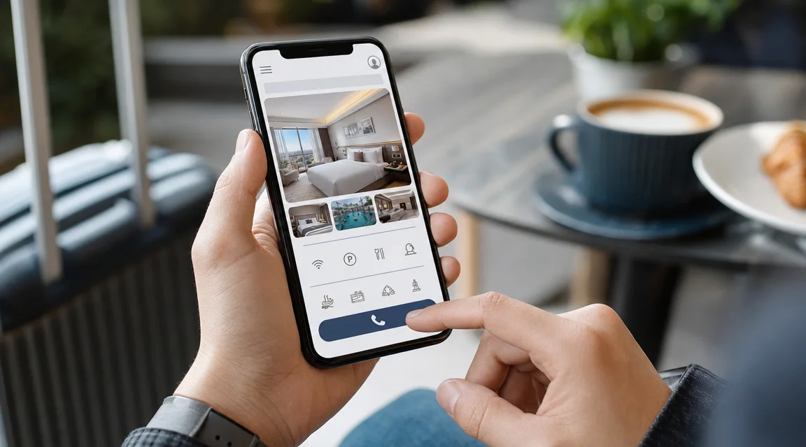 Web de hotel adaptada a celulares para consultar habitaciones, servicios y contacto rapidamente.