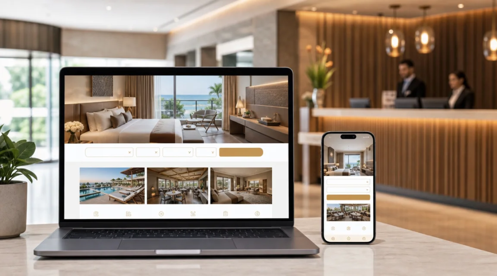 Diseño web para hoteles mostrado en laptop y celular como herramienta comercial para generar consultas.