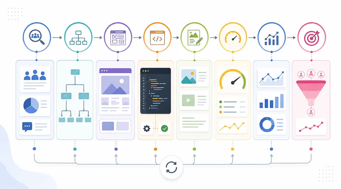 Mapa visual del proceso completo de diseño web integral desde estrategia hasta conversion.