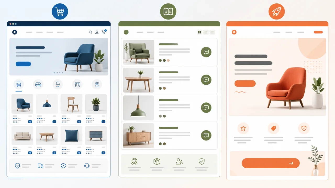 Comparación visual entre ecommerce, catálogo online y landing page para vender por internet.