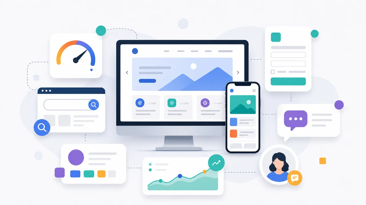 Elementos clave de un sitio web profesional como velocidad, SEO, contacto y diseno responsive.