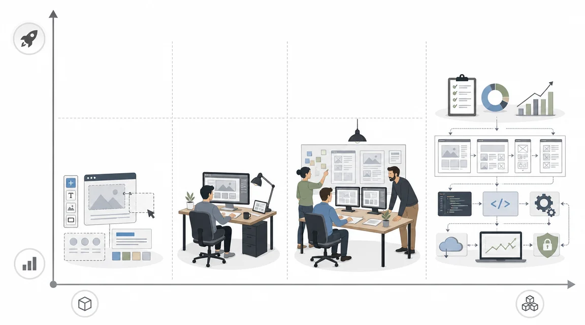 Comparacion visual entre empresa, agencia, freelancer y herramienta DIY para crear una pagina web.