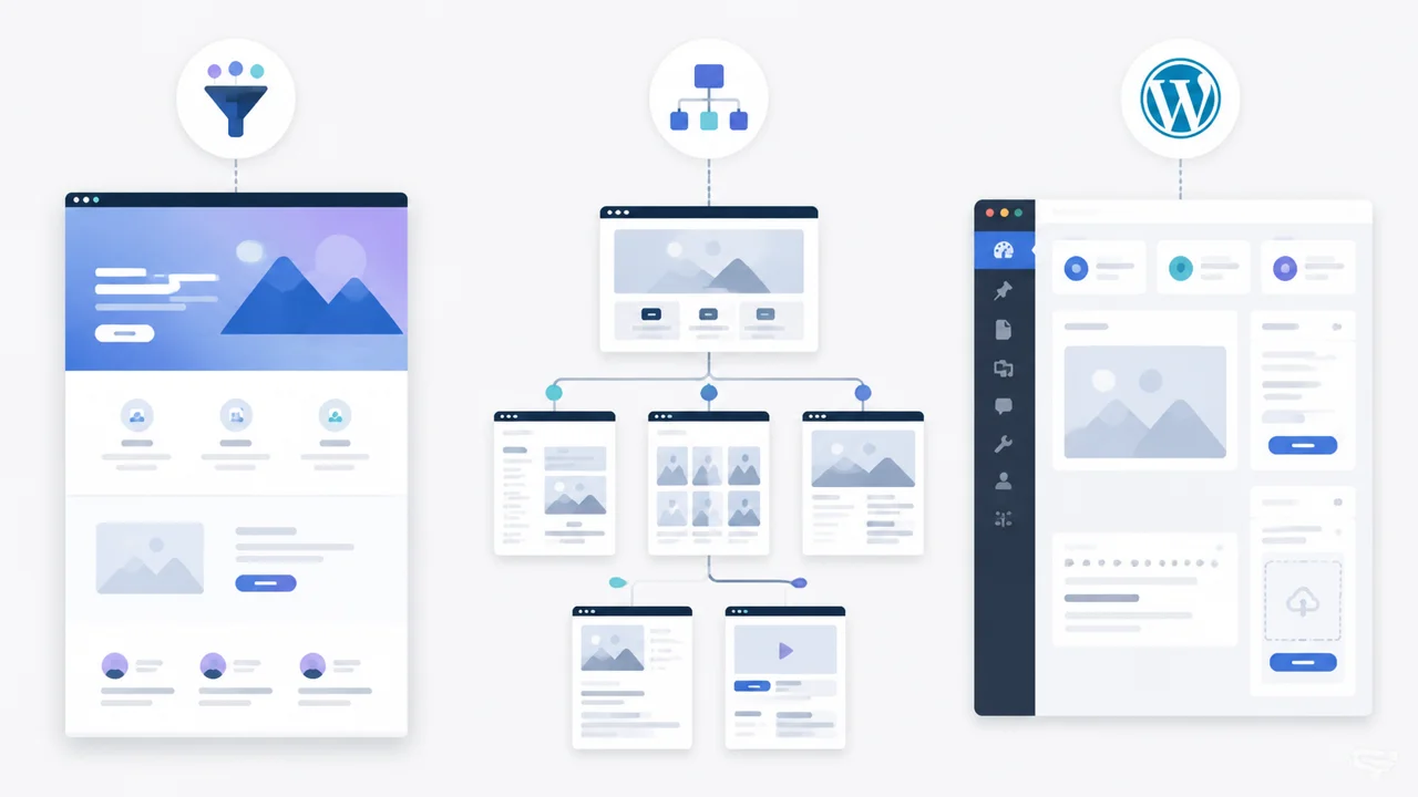 Comparacion visual entre landing page sitio completo y WordPress para una web estrategica