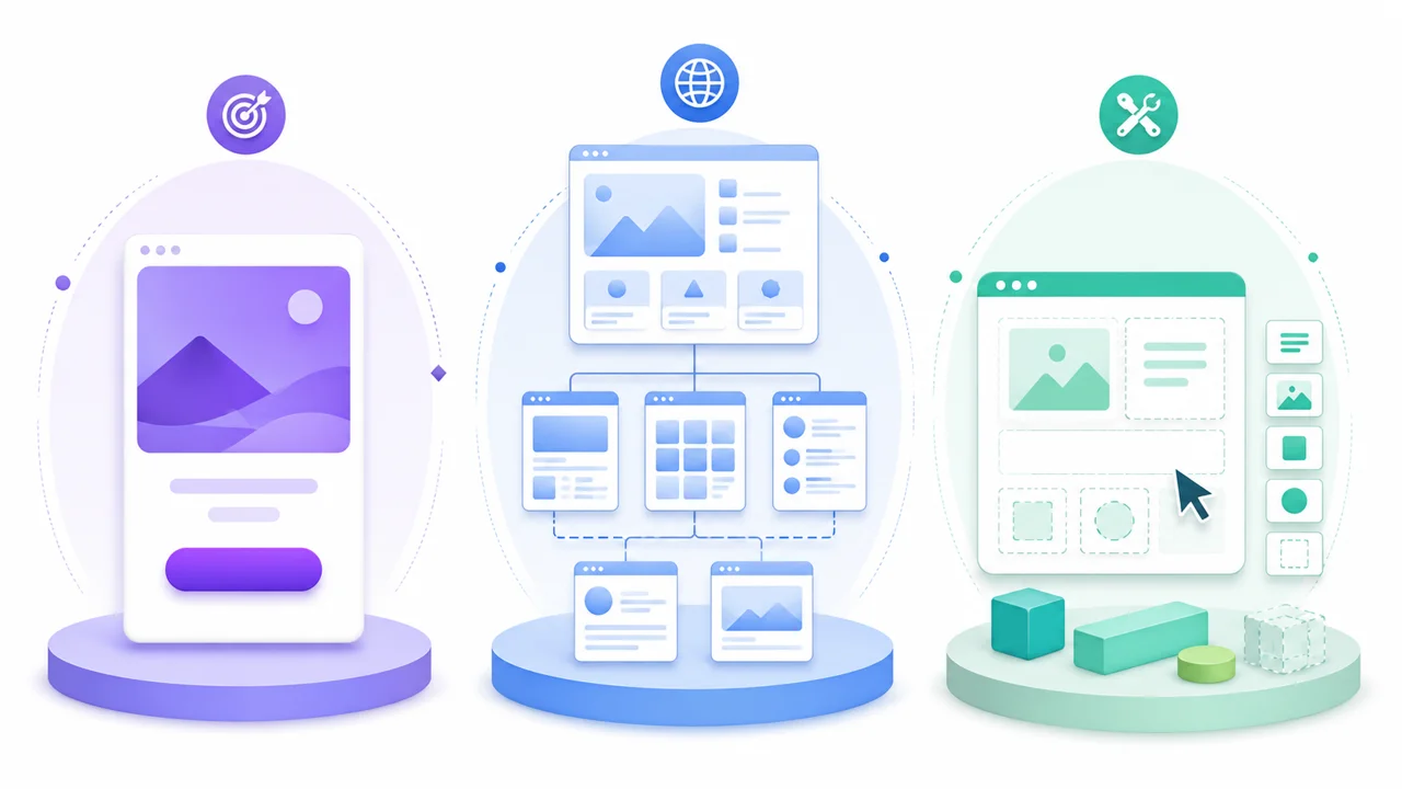 Comparacion visual entre landing page, sitio web completo y herramienta DIY para marketing digital.