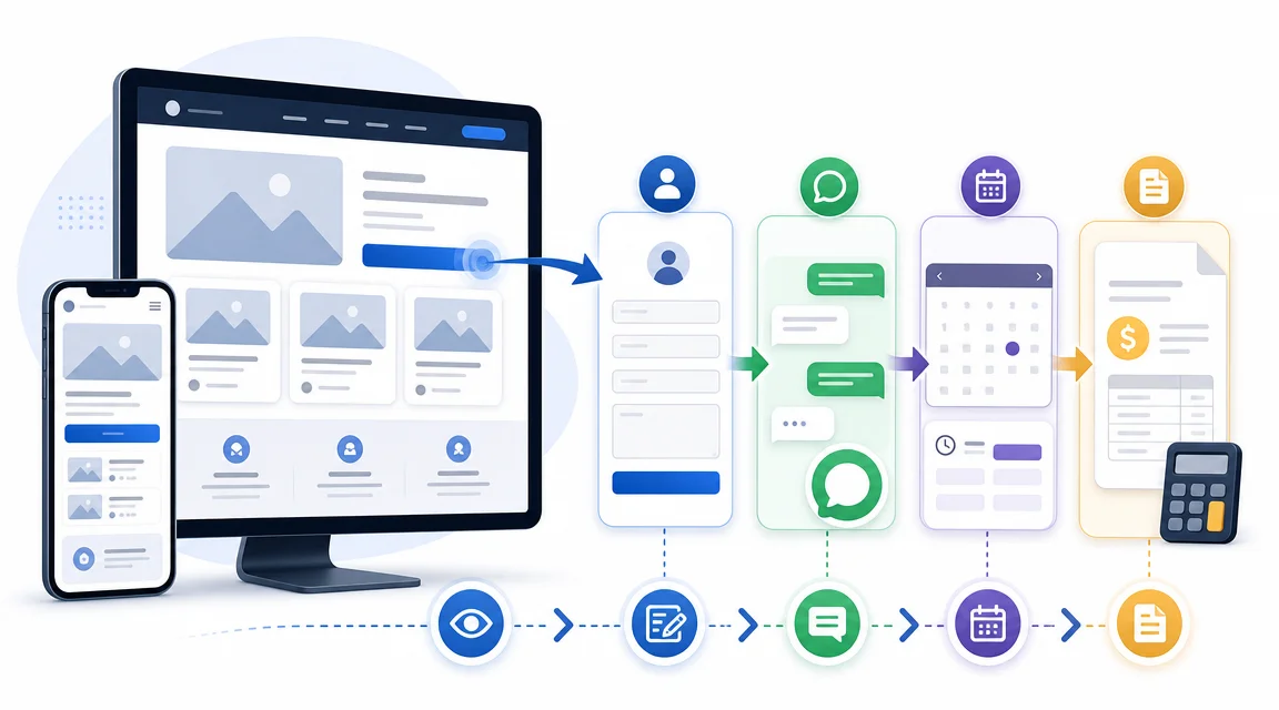 Flujo de conversion web con llamados a la accion, formulario y consulta por WhatsApp.