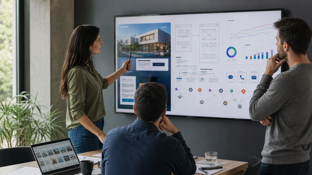 Equipo analizando una estrategia para elegir una agencia de diseno web orientada a conversion.