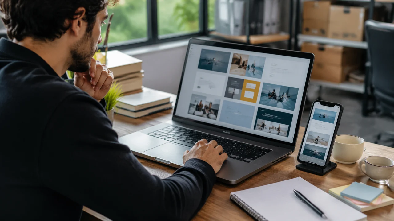 Negocio en Argentina revisando un sitio web profesional para generar confianza antes del contacto.