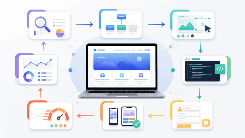 Proceso profesional de desarrollo web para negocios desde estrategia hasta medicion.