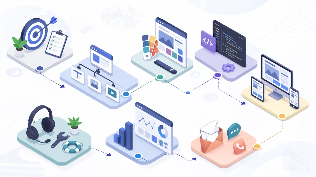 Proceso de una empresa creadora de paginas web con estrategia, diseno, desarrollo y medicion.