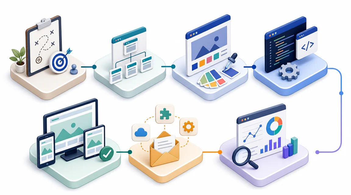 Proceso profesional de creacion de paginas web con estrategia, diseno, desarrollo y medicion.