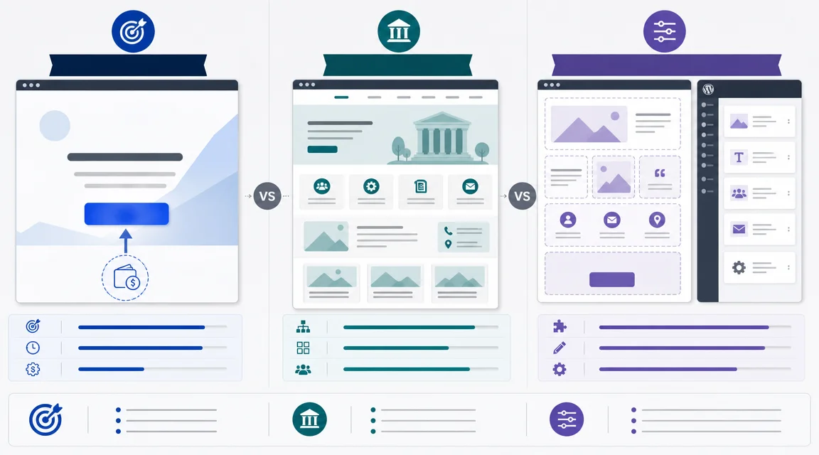 Tipos de paginas web para negocios: landing page, sitio institucional y web administrable.