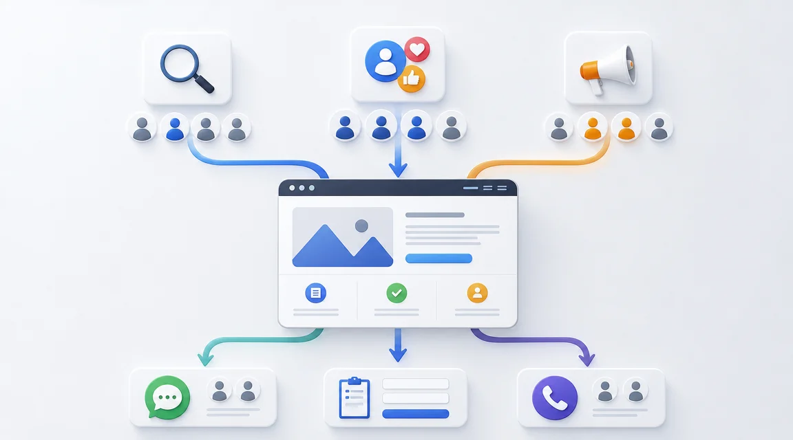 Flujo visual de usuarios que llegan a una web y generan consultas comerciales