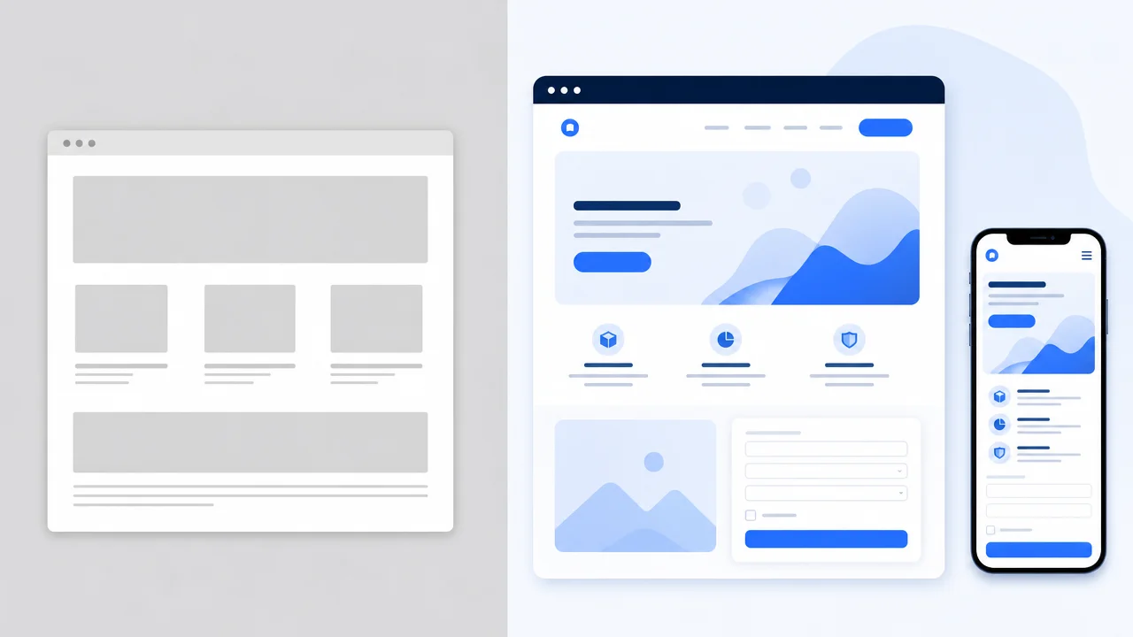 Comparacion visual entre una web basica y un sitio web profesional orientado a conversion.